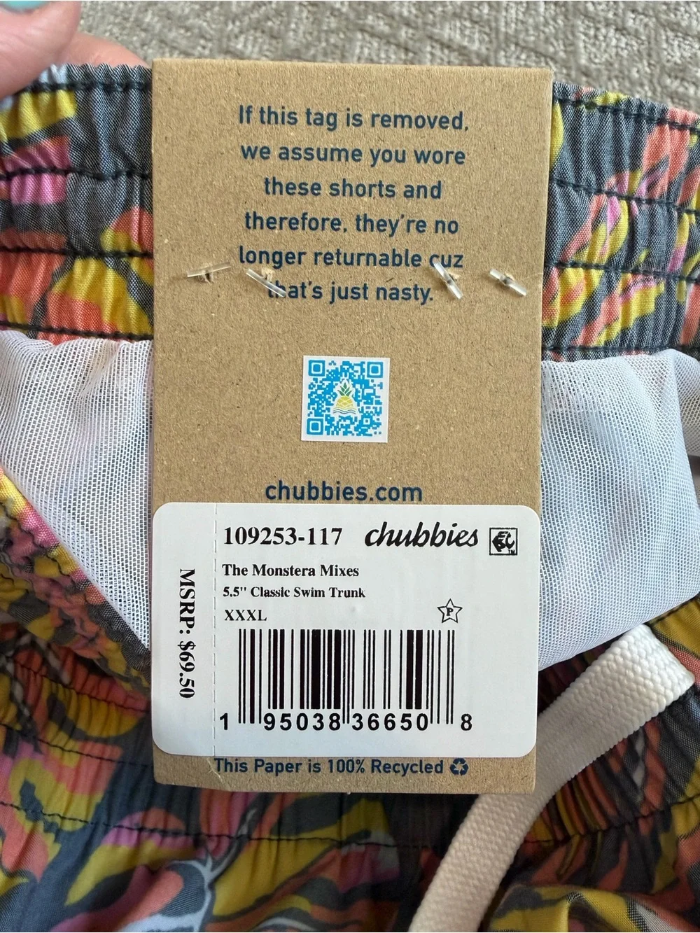 Chubbies Gray Swim Shorts with Pink & Yellow Tropical Print